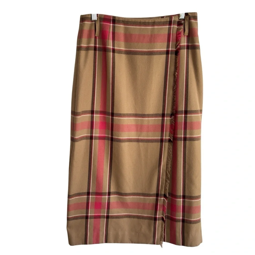 Vintage Evan-Picone Maxi Skirt Womens Size 6 Plaid Faux Wrap Fringe Fully Line